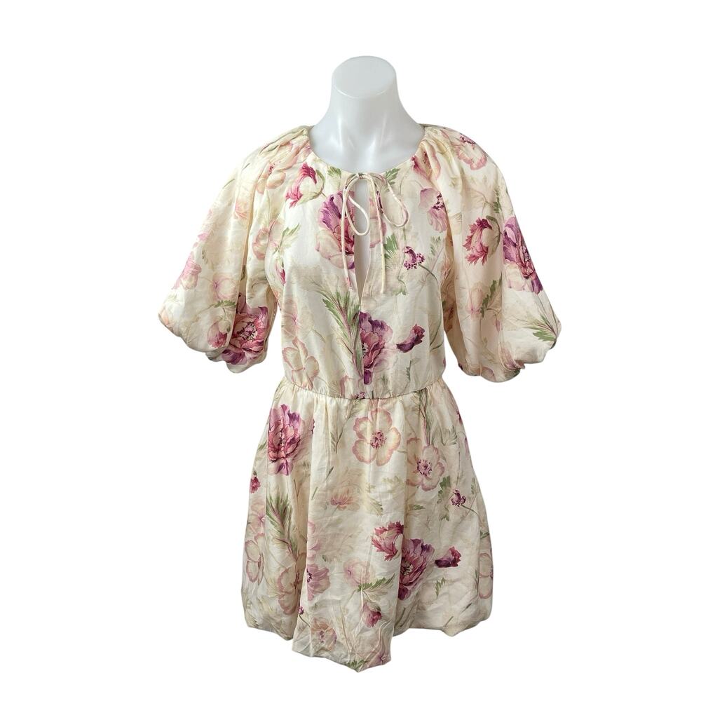 NEW H&M Cream Pink Floral Half Puff Sleeve Tie Fit & Flare Mini Dress Size S